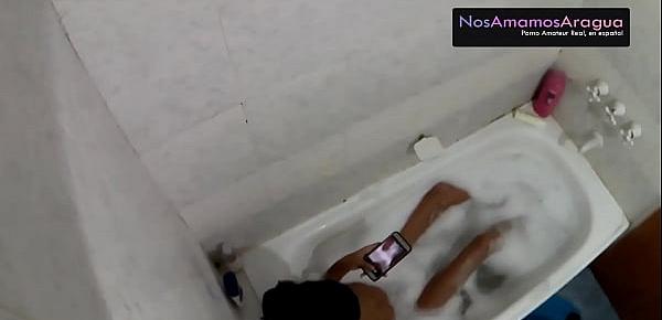  Hidden camera in the bath while teen masturbing the ass , her cousin enter and fuck so hard